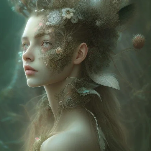 Portrait of beautiful girl, plant, metal, feathers, Dryad, fae, sidhe, ominous, nature, plants, wildflower, facepaint, dnd character portrait, intricate, oil on canvas, masterpiece, expert, insanely detailed, 4k resolution, retroanime style, cute big circular reflective eyes, cinematic smooth, intricate detail , soft smooth lighting, soft pastel colors, painted Renaissance style,bokeh,macro lens, 800mm lens