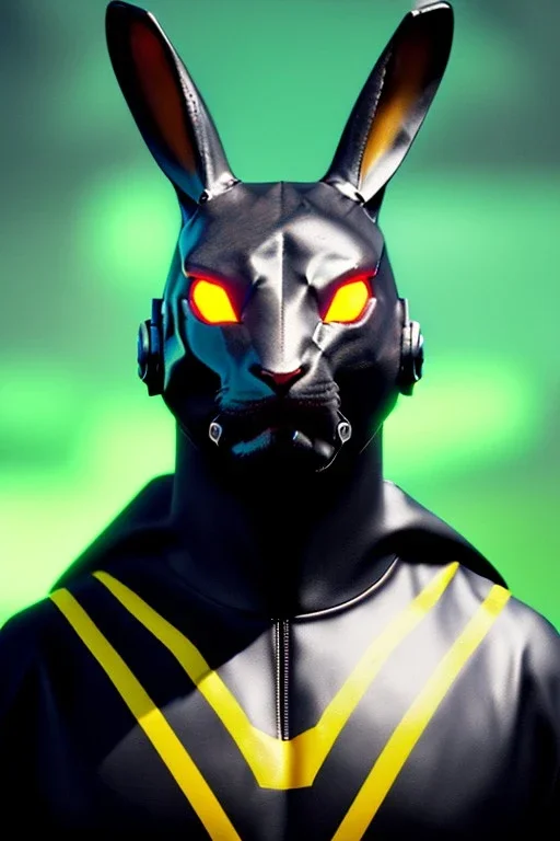 Medium Close Up Portrait, Front image. cyberpunk, rabbit mask helmet, strong man, titanium hair. Latex suit. Black, yellow, color. Rocketer style. Color background, photo studio. Avatar image, highly detailed, concept art, smooth, unreal engine 5, ray tracing, RTX, lumen lighting, ultra detail, volumetric lighting, 3d, finely drawn, high definition, high resolution.