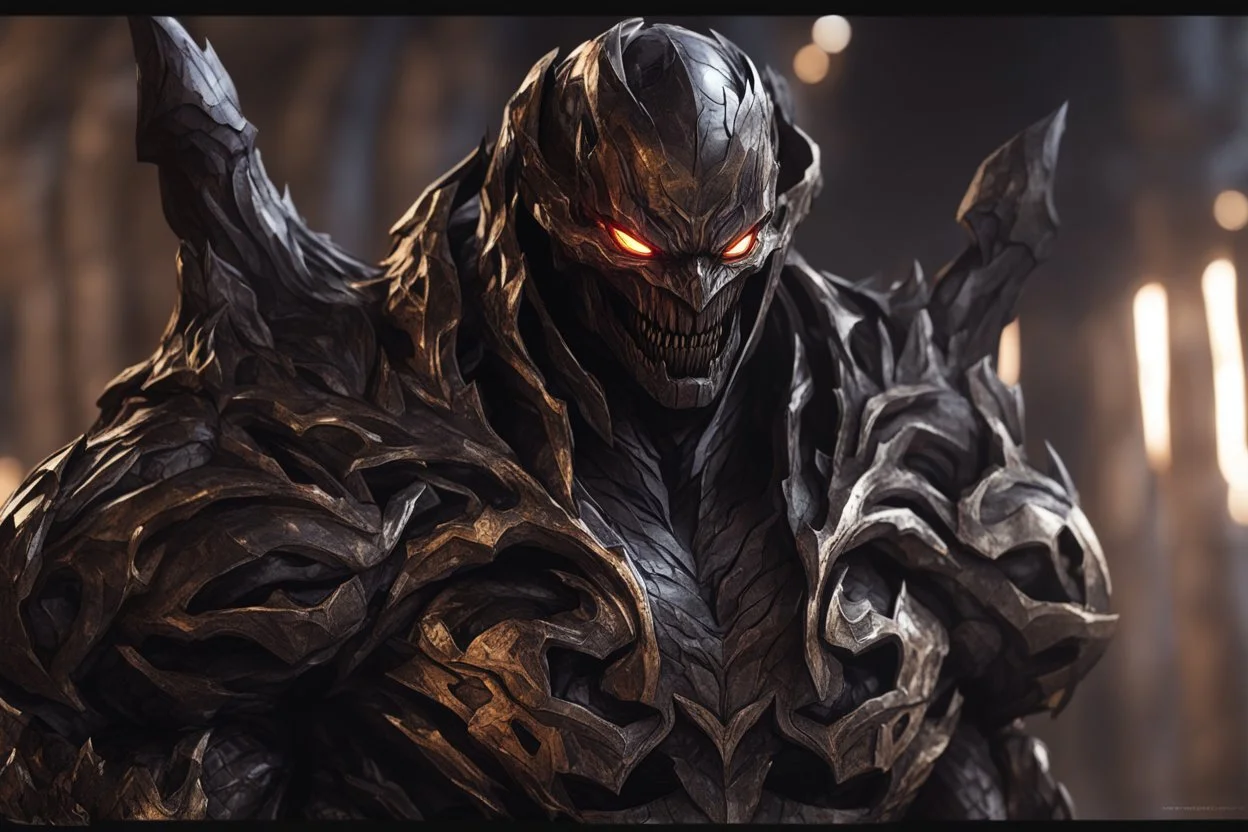 Golem with no eyes in 8k solo leveling shadow artstyle, venom model, cover eyes, evil laugh smile, darkness them, close picture, apocalypse, intricate details, highly detailed, high details, detailed portrait, masterpiece,ultra detailed, ultra quality