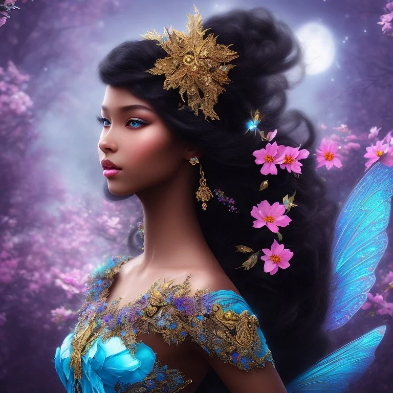 black skin fairy, beautiful portrait, flowery landscape