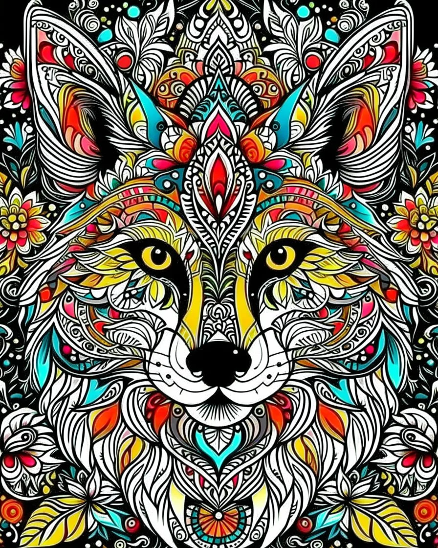 Eurasian wolf ANIMAL Book cover for Adults, mandala, flower, coloerfull