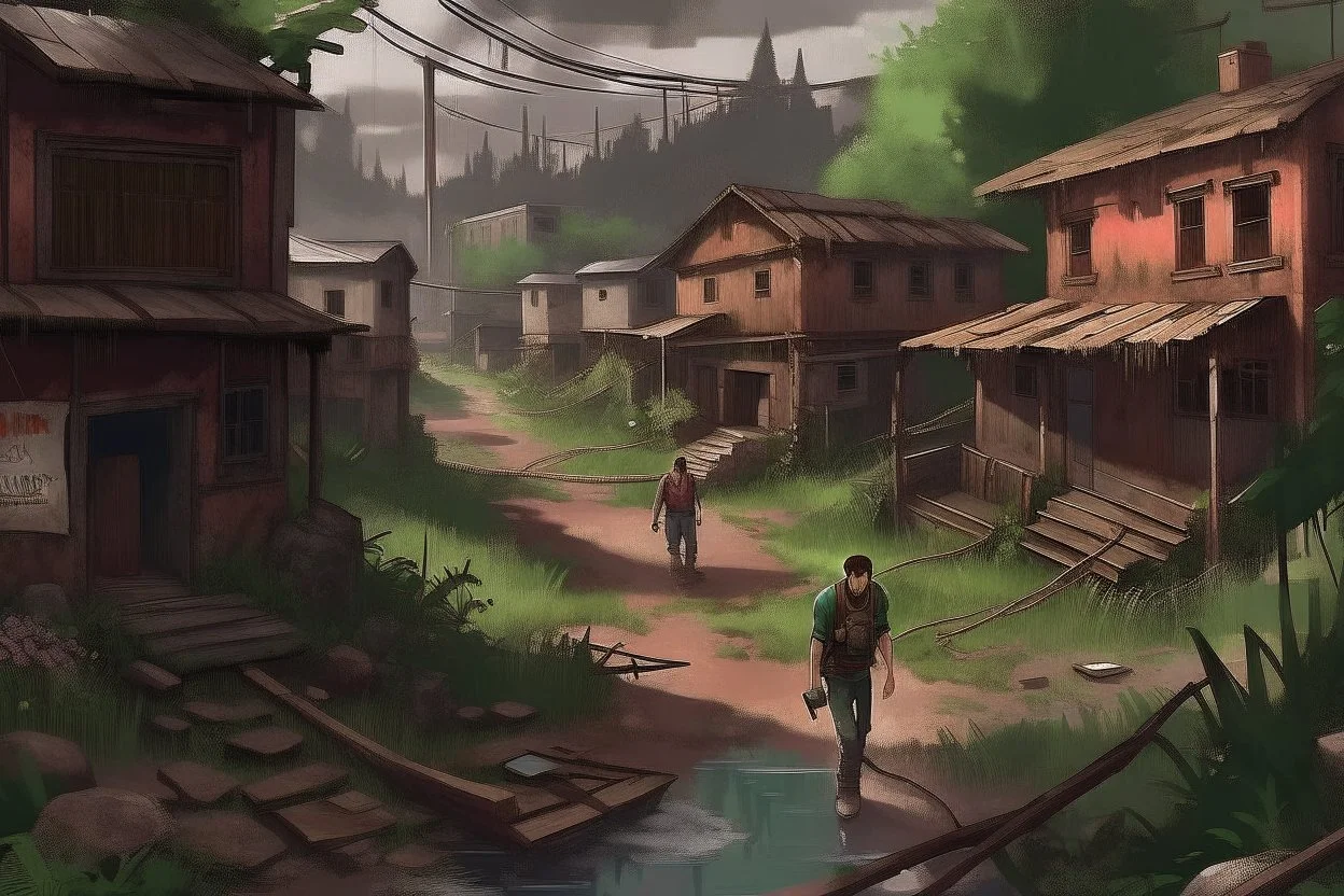 TLOU Town but in the style of Bob Ross's oil painting. No people.