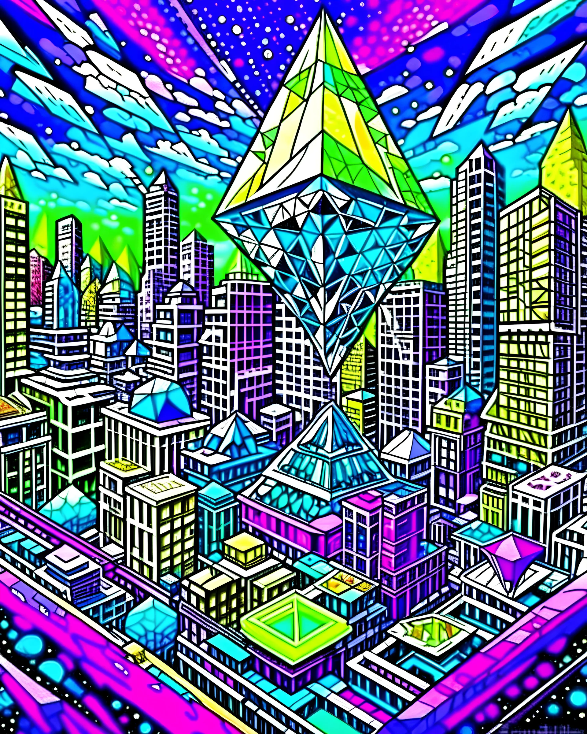 Ethereum Superweapons in an imaginative landscape of a futuristic metropolis in an ethereum gas war with towering skyscrapers, advanced transportation systems, and vibrant public spaces, in the style of cubism, geometric shapes, bold colors, and multiple perspectives, influenced by the works of Pablo Picasso and Georges Braque, envisioning the possibilities of urban life in the future.