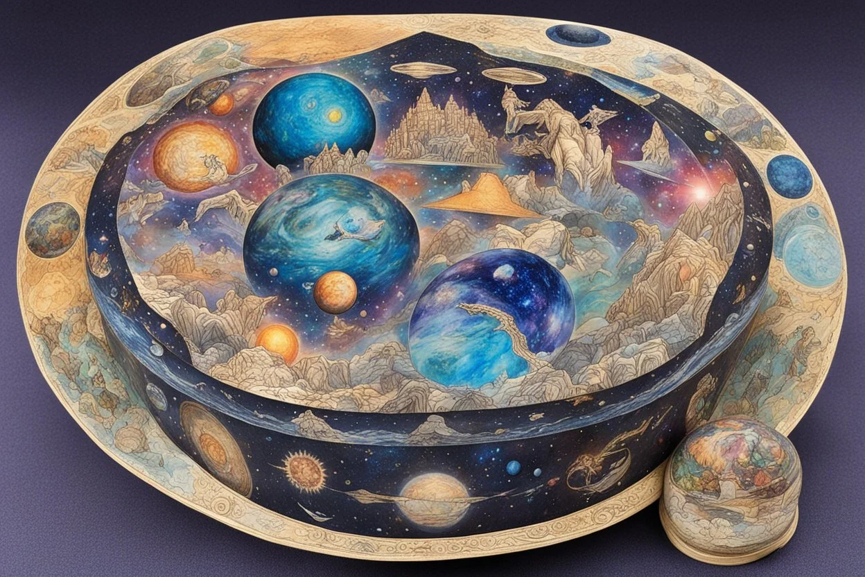 a box for storing things with beautiful drawings a lot of colours, very detailed, angels, minerals, planets space, galaxies, pyramids on a planet