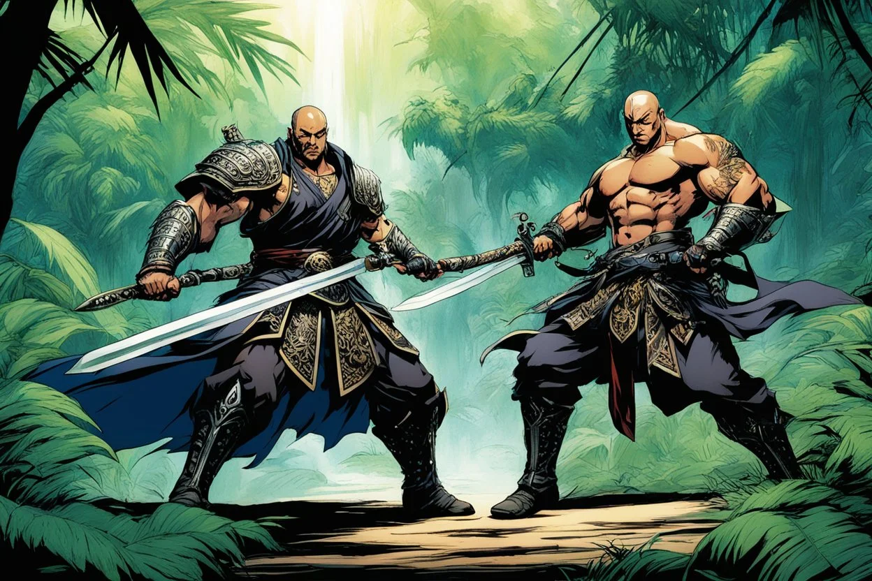 (in the style of Orion, by Masamune Shirow) DUEL: a tattooed gangsta monk with his staff fights against a paladin knight with his two handed sword zweihander in the jungle