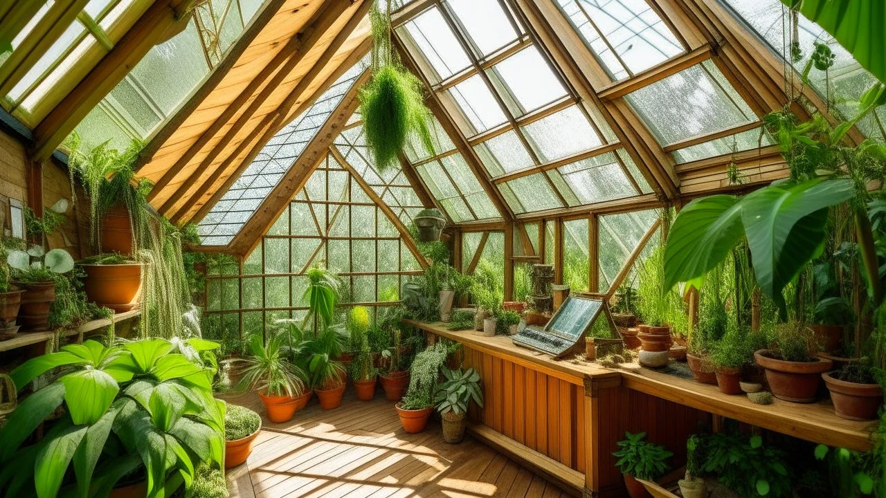 A cozy and whimsical indoor greenhouse with lush greenery, hanging plants, and geometric triangle decorations. The space has a warm, inviting atmosphere with natural light filtering through the windows.