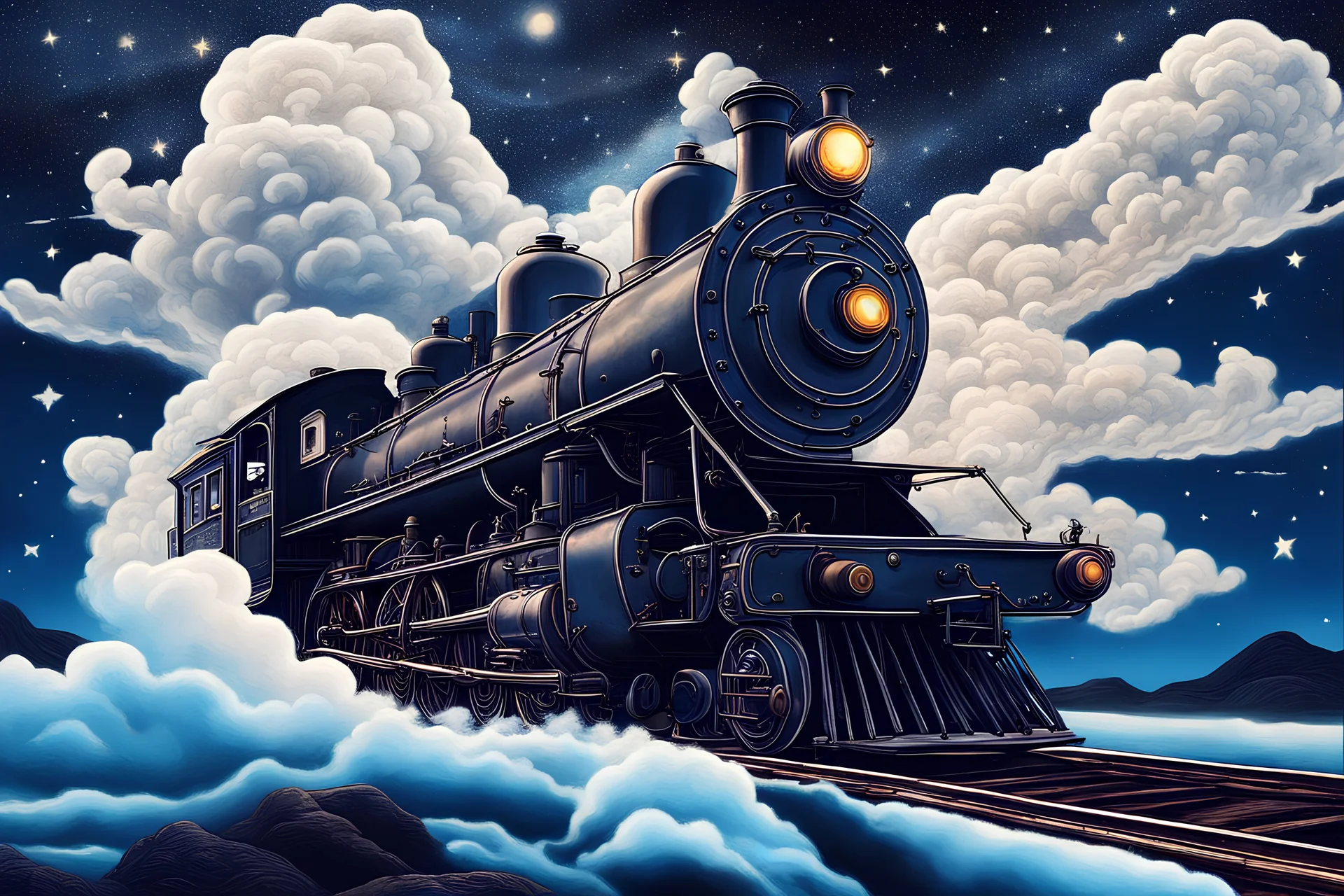 Vintage poster a painting of a old steam train traveling through the night sky, starry-night, mind-bending digital art, anime artwork, slicing the air. pop surrealism, dmt waves, a painting of white silver, realistic sky, artstatiom, extended art, swirly, endless night, crossing the blue horizon. hyperrealism mixed with 2d, Bold colors, Stylized portraits, Famous faces, Pop art still life, Pop art landscapes. delicate face, facial details, confident soft impressionist perfect composition, Shar