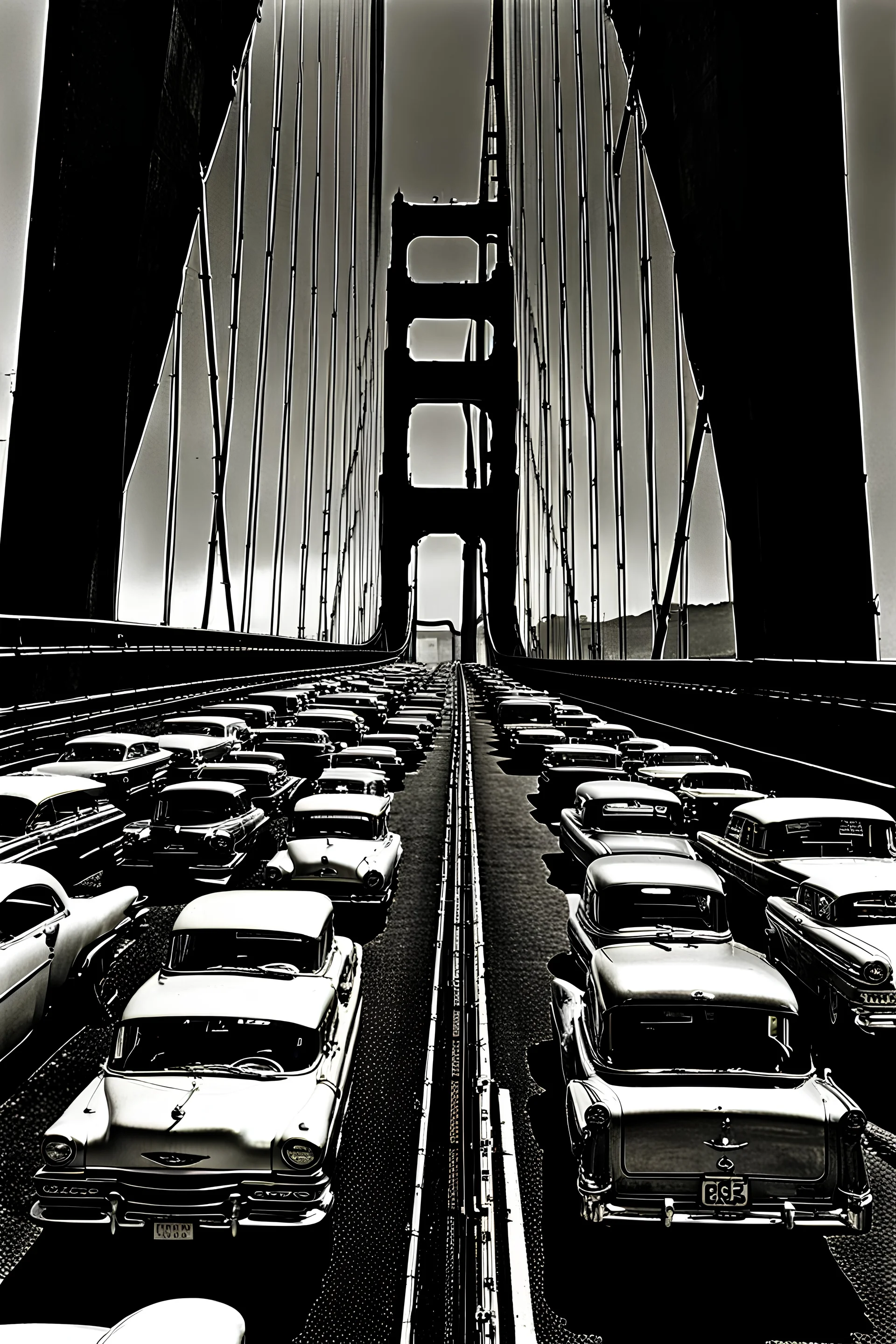 Schwarzweißfoto frontale Sicht auf Fahrbahn der Golden Gate Bridge vom Zentrum der Brückenfahrbahn aus, Horizont liegt beim unteren Drittel der Bildhöhe, ziemlicher Verkehr in beide Richtungen, ausschließlich amerikanische Autos mit Baujahren zwischen 1950 und 1960