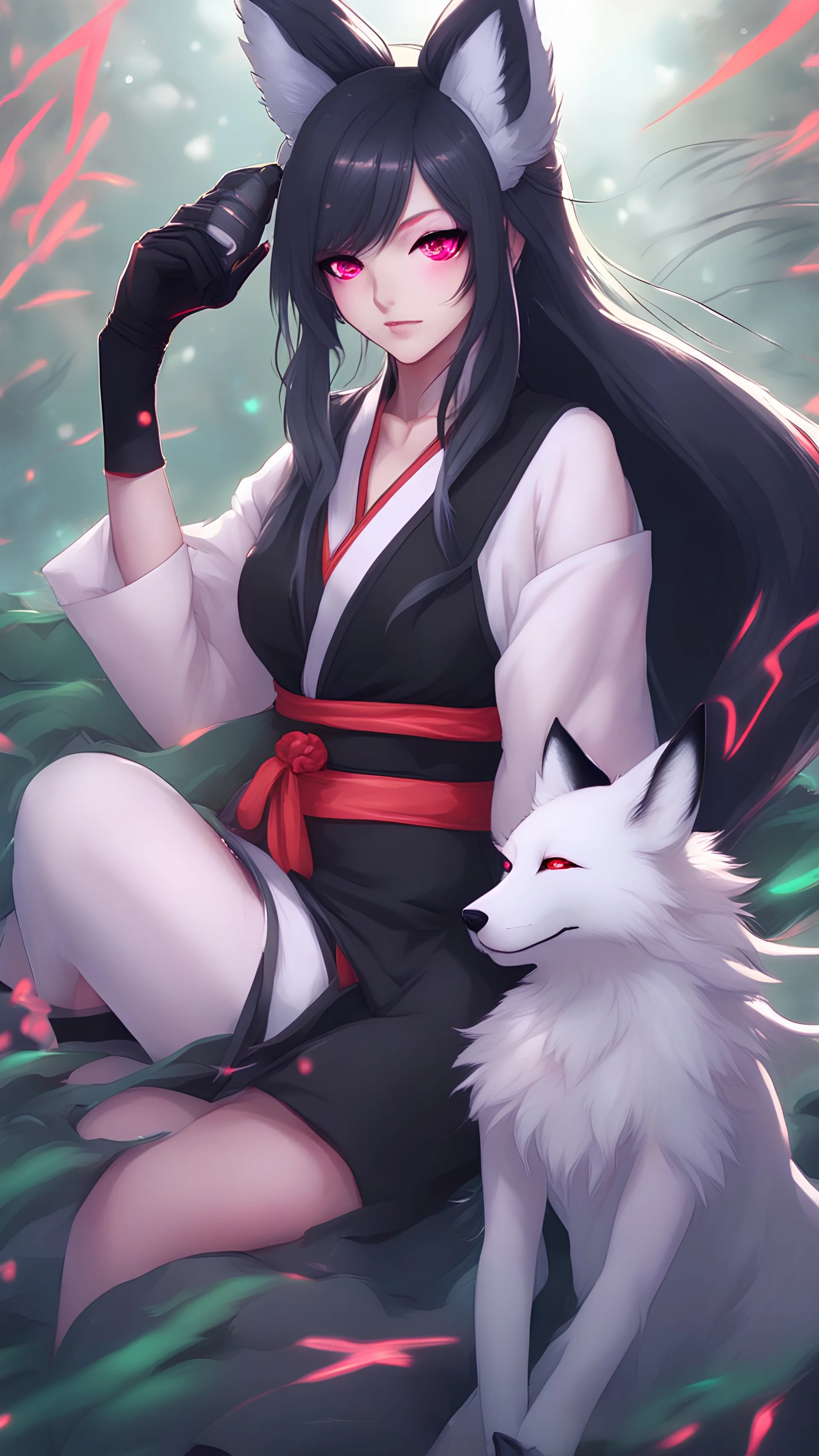 A close hot picture of Ahri with black hair and black Japanese Clothes and nine White fox tail with neon glowing in fantasy world