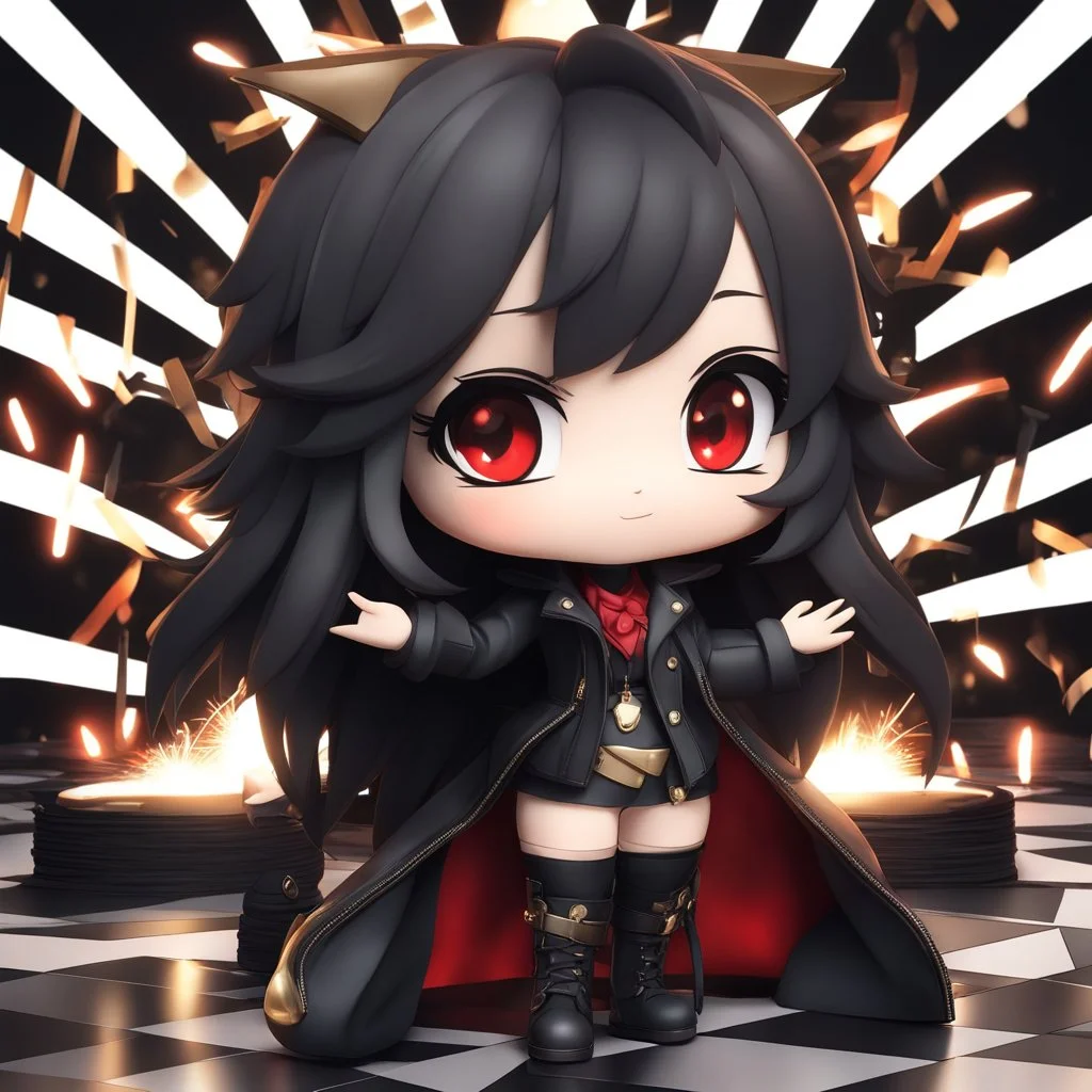 full body chibi woman with long dark brown hair, red eyes, modern clothes, black pants, bad girl vibe, New Years themed, fireworks, intricately detailed, masterpiece, anime chibi doll, 3d