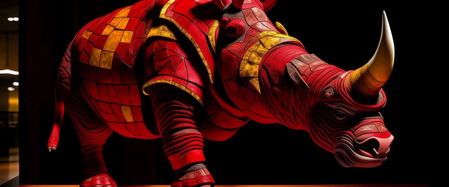 A red fire elemental rhino designed in medieval tapestry painted by Diego Rivera