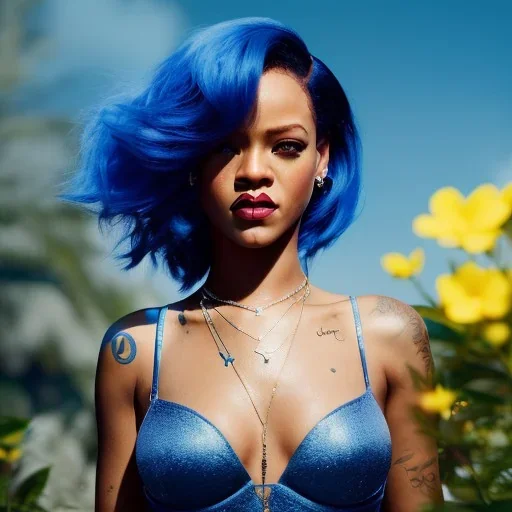 Rihanna as smurf with yellow flowers for hair,zoom eyes, closed eyes, rtx, reflection, 8k, glow, winning photography, caustics