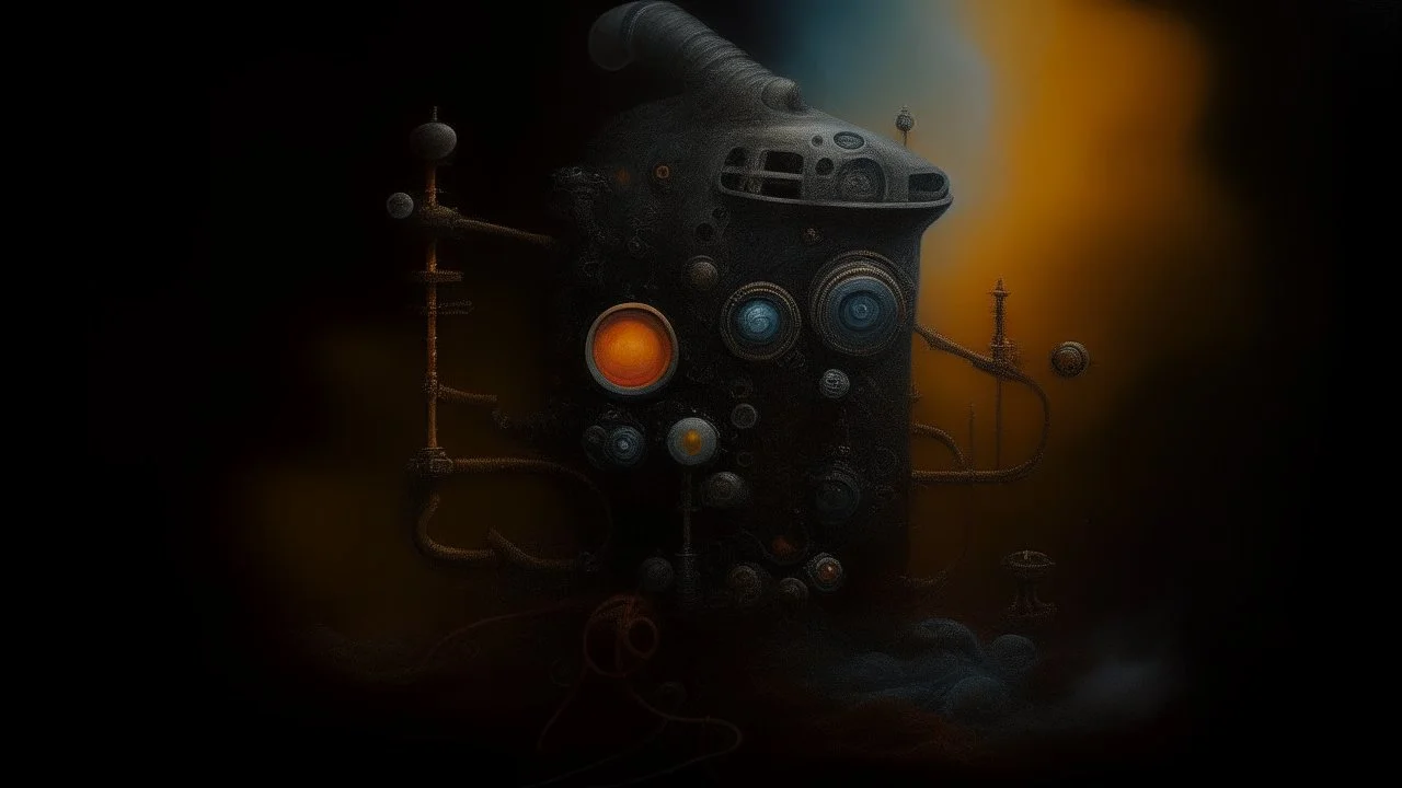 1970's dark fantasy pattern cover dnd style oil painting of a Tinguely machine in the mist.