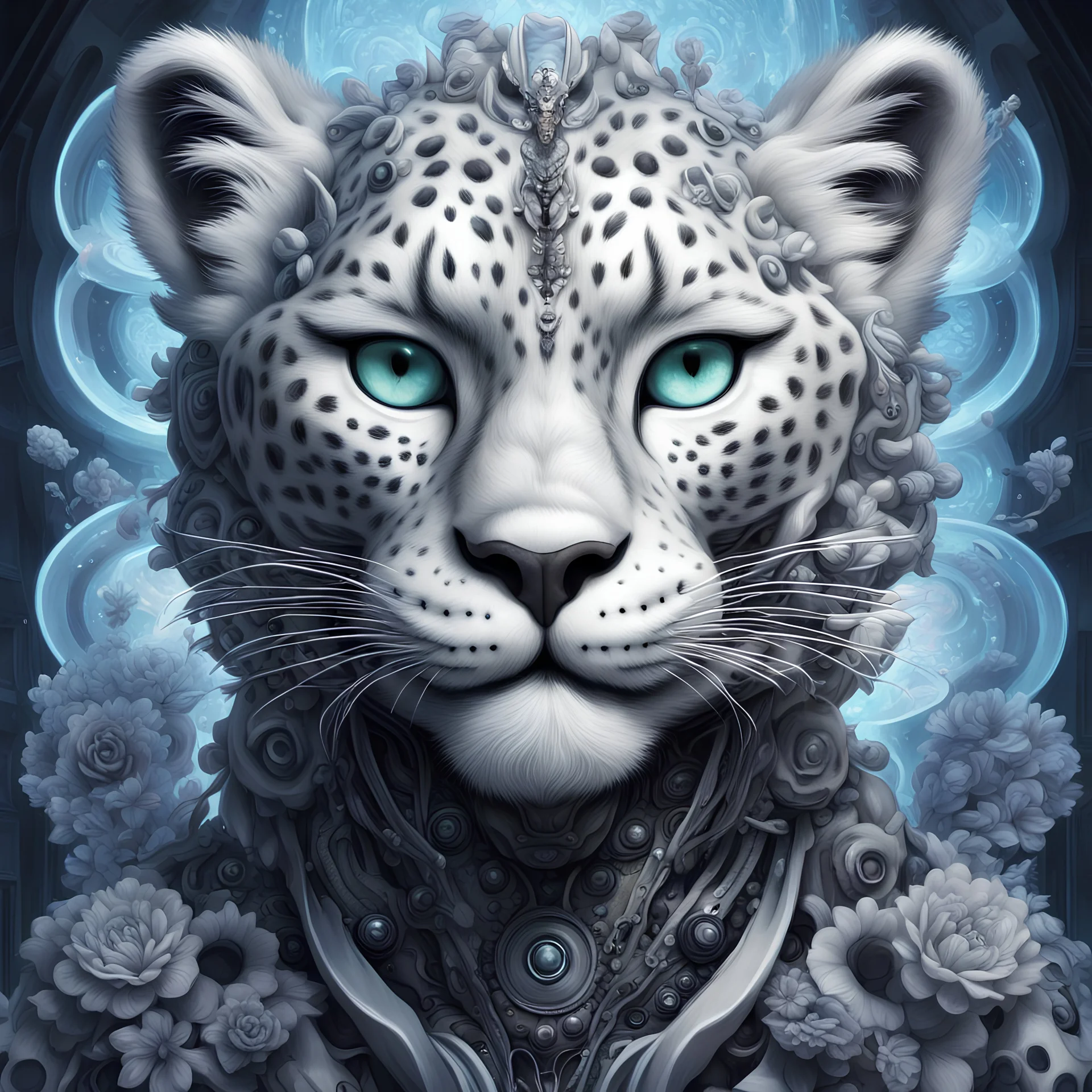 A striking and complex portrait in Pixar animation style of a snow leopard, infused with elements of H.R.Giger's biopunk craftsmanship. Cybernetic fractals meld seamlessly with the forms of the animal, creating a fusion of natural and artificial that blur the lines between the two. In the background, cybernetic flowers bloom under the gentle rays of a sun, casting a warm glow to the scene on a misty evening. This dramatic reinterpretation of wildlife borrows the imaginative detail from artists T