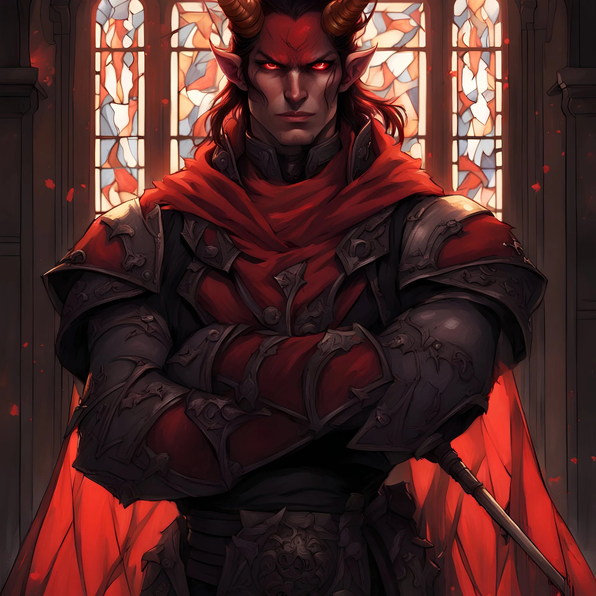 Fantasy, Red Male Winged Tiefling, Sorcerer, Horned, Long Black Hair, Red Skin, HD