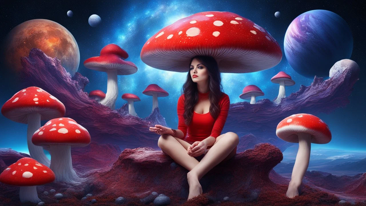 beautiful women sitting with red bor on blue, red, purple mushroom in space, planets at the back ground, hyper realistic.