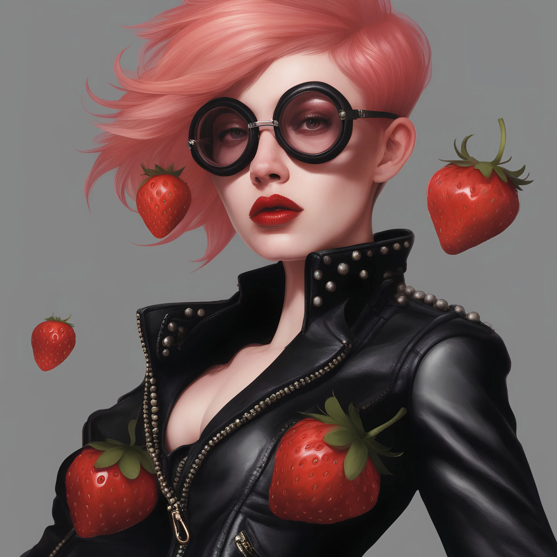 an absolutely stacked anthropomorphic strawberry with pixie-cut hair, a perfect hourglass figure, perfect face, wearing a studded, black leather biker's jacket and pants with 12-inch platform boots and goggles,