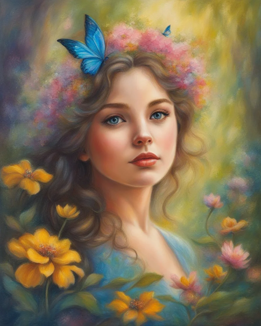 Oil pastel painting of a beautiful girl, fantasy, dream, forest, glitter background, beautiful, oil pastel painting, fantasy art, fairy, young girl, beautiful portrait painting, flowers, colorful, inspired by Thomas Kinkade, fine art, 8k