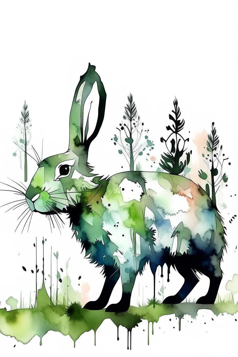 Watercolour effect, rabbit, forest abstract,roschCh ink blot test, white background, muted colour's.no black outline, no black colour only white more watercolour blobs, no black outline, other colours