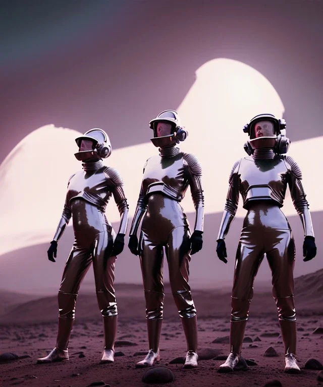 Ultra Realistic retro sci-fi movie scene, waist up view portrait, 3 clones blonde women, sweet young Kate moss face, perfect iris, glow eyes, face makeup. Mars and martians background, Retro sci-fi style, helmet, tight latex coat, fog, rain, soft color, highly detailed, unreal engine 5, ray tracing, RTX, lumen lighting, ultra detail, volumetric lighting, 3d, finely drawn, high definition, high resolution.