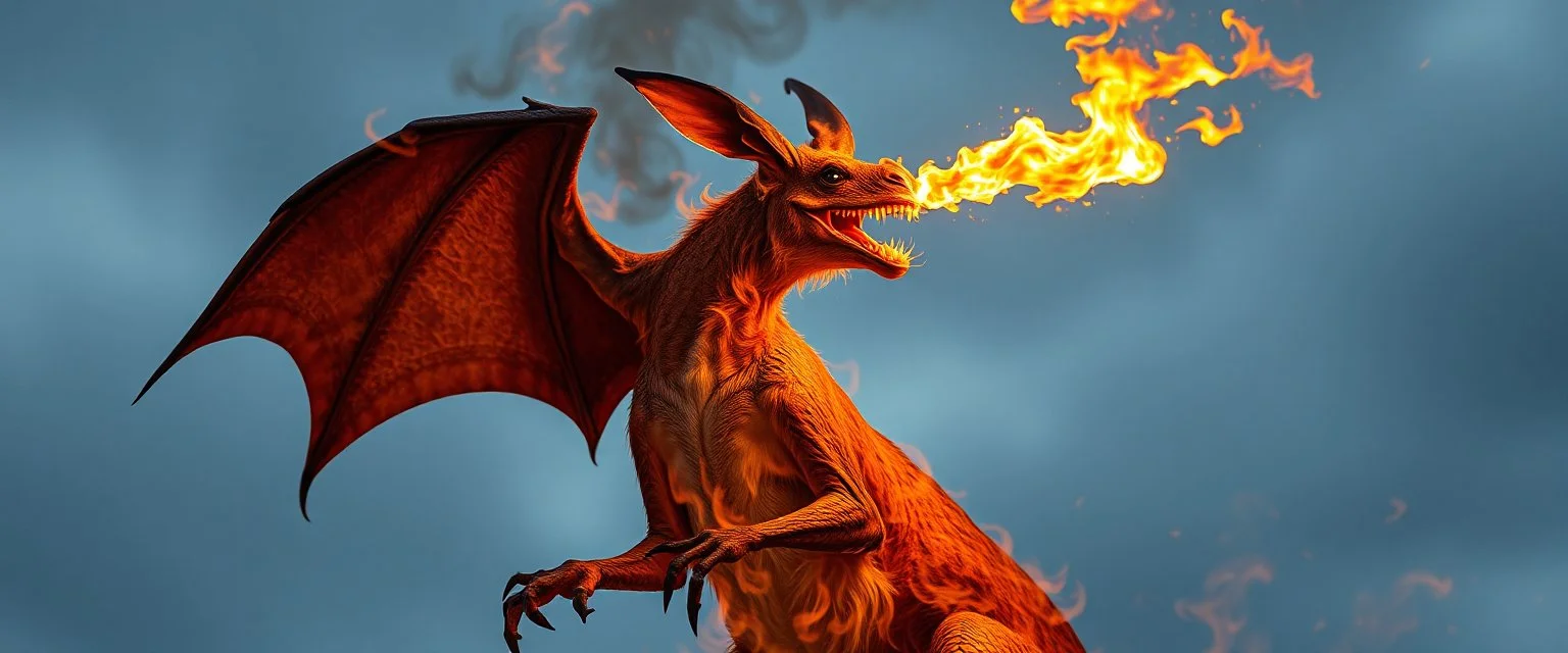 portrait of wild fire breathing bat dragon kangaroo above Byzantes, burning a Kangaroo with its breath
