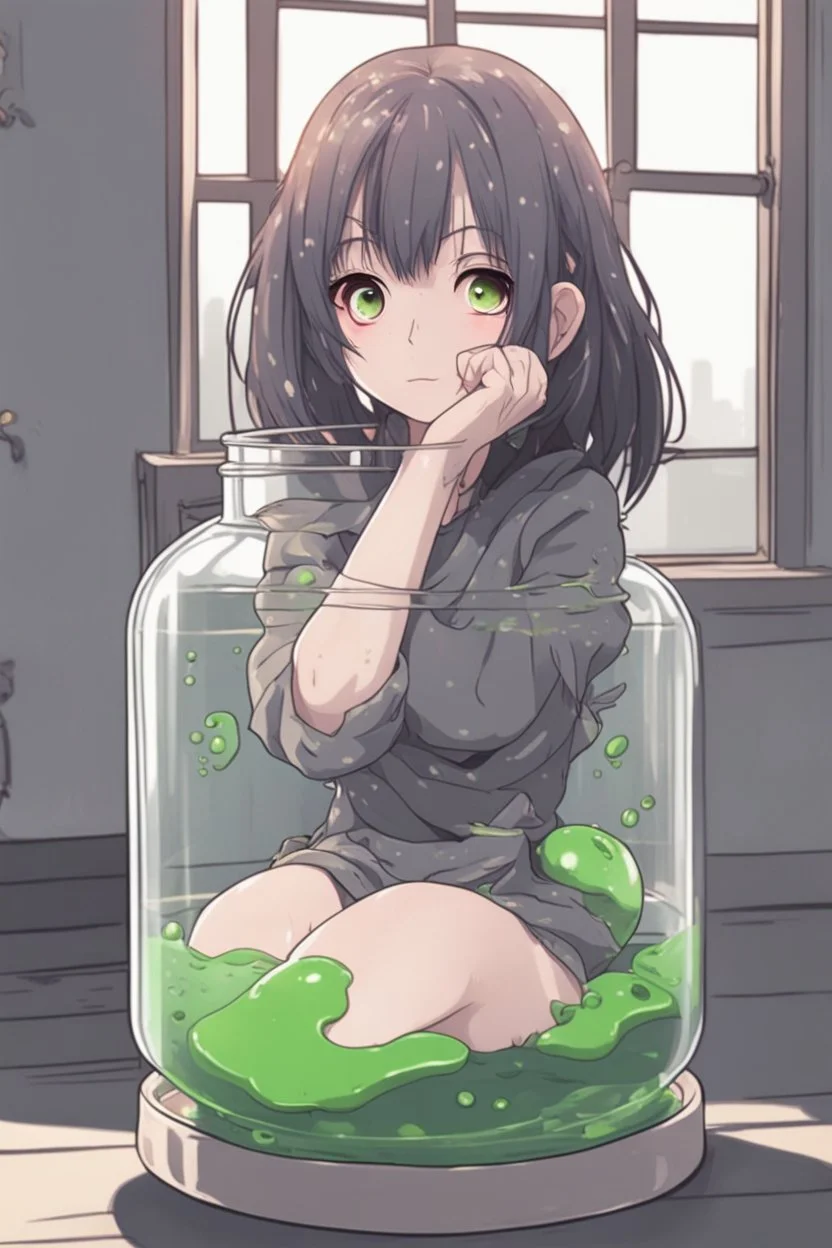 moody anime girl, scared face trapped in a jar with slime, feet point view,