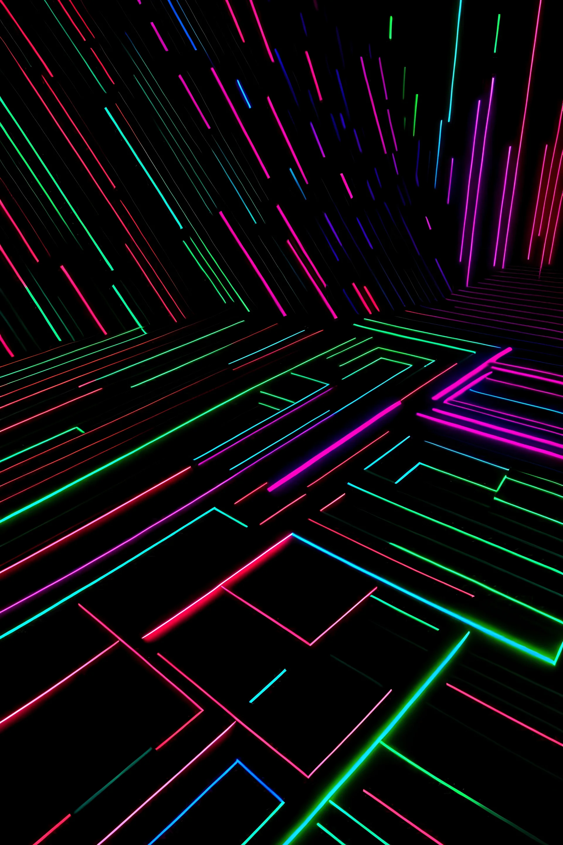 3D rendered tilable regular geometric background in black with neon data strands, high definition