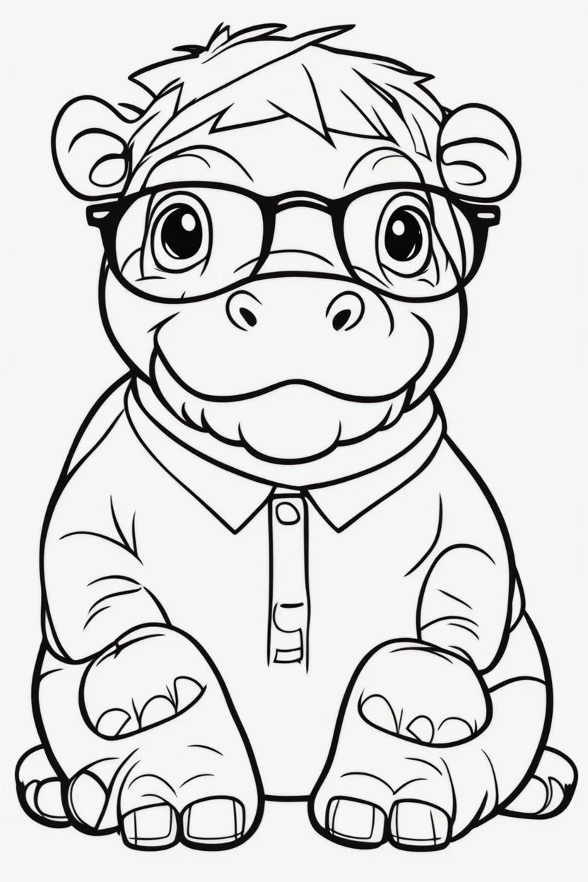 Outline art for cute coloring pages with Hippopotamus with glasses, full body, white background, sketch style, only use outline, clean line art, no shadows and clear and well outlined.