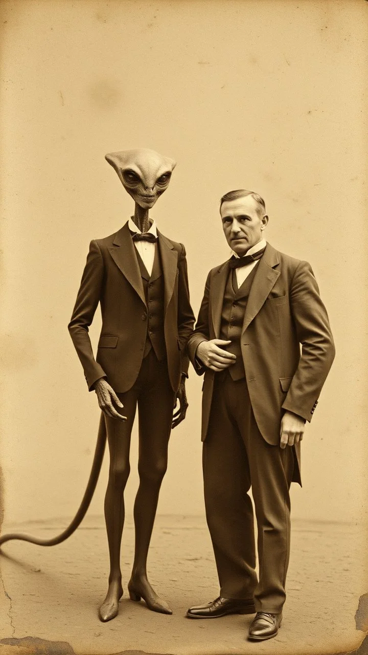 An old picture style of white and brown and very bad quality old camera with cracks of Tesla standing with an Alien who is wearing a suit, the year 1900