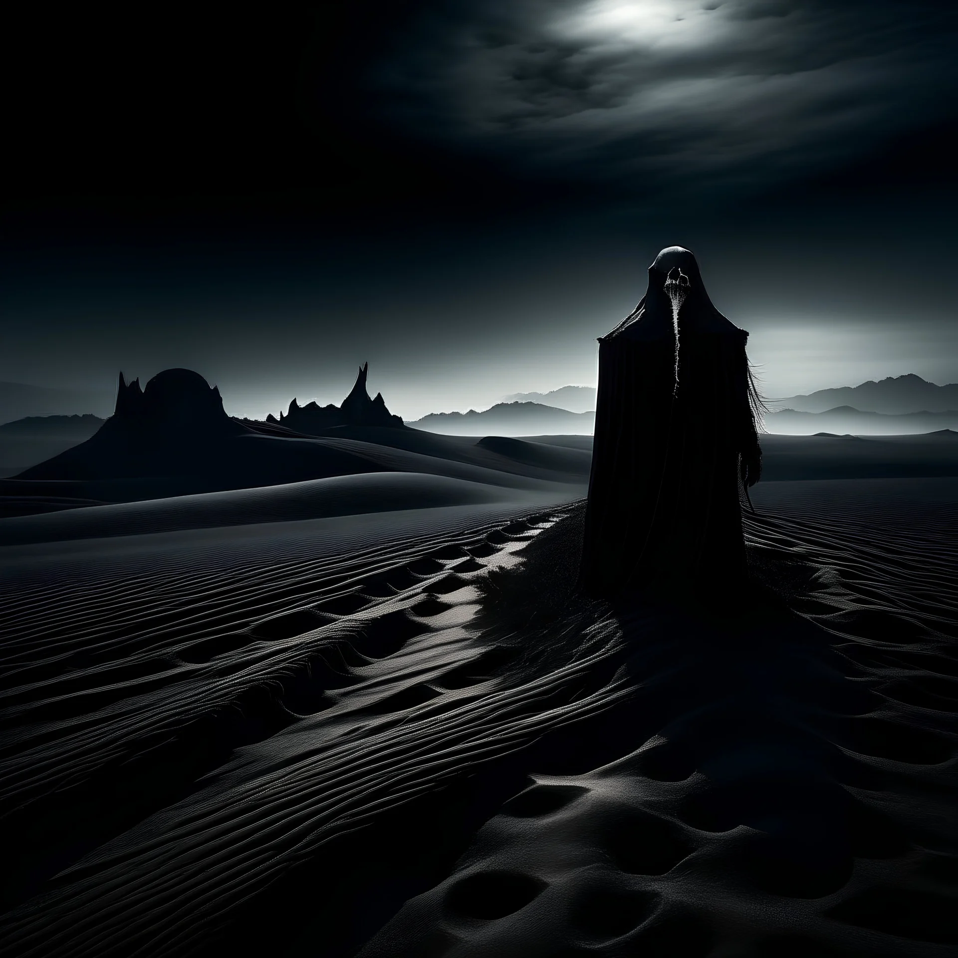 black and white grim reaper far away