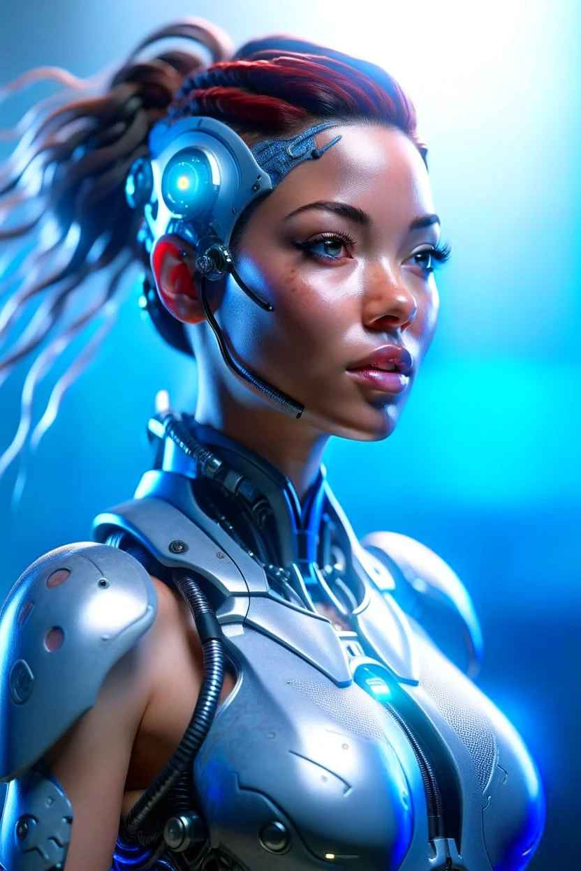 Cyborg female evolving | concrete floor | detailed | fine art | highly detailed | smooth | sharp focus | ultra realistic | full body portrait view, Mysterious,blue metal, smile