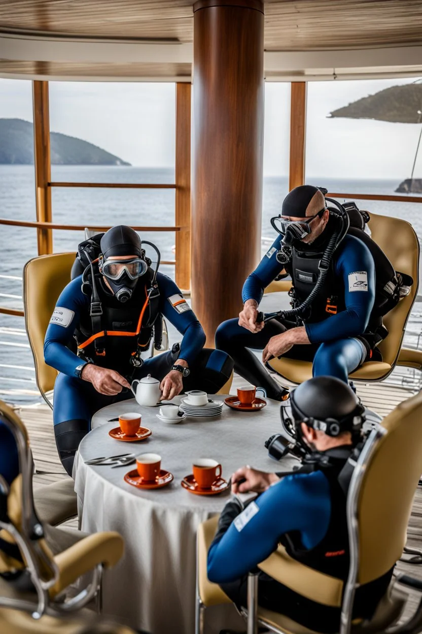 2 divers with full diving gear on, goggles, flip flops and suits are sitting at a round table having tea