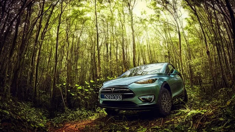 A Tesla's 'Model S Plaid' is racing at top speed, across a jungle of the Jurassic Period. CINEMATIC. WIDE ANGLE LENS. PHOTO REAL.