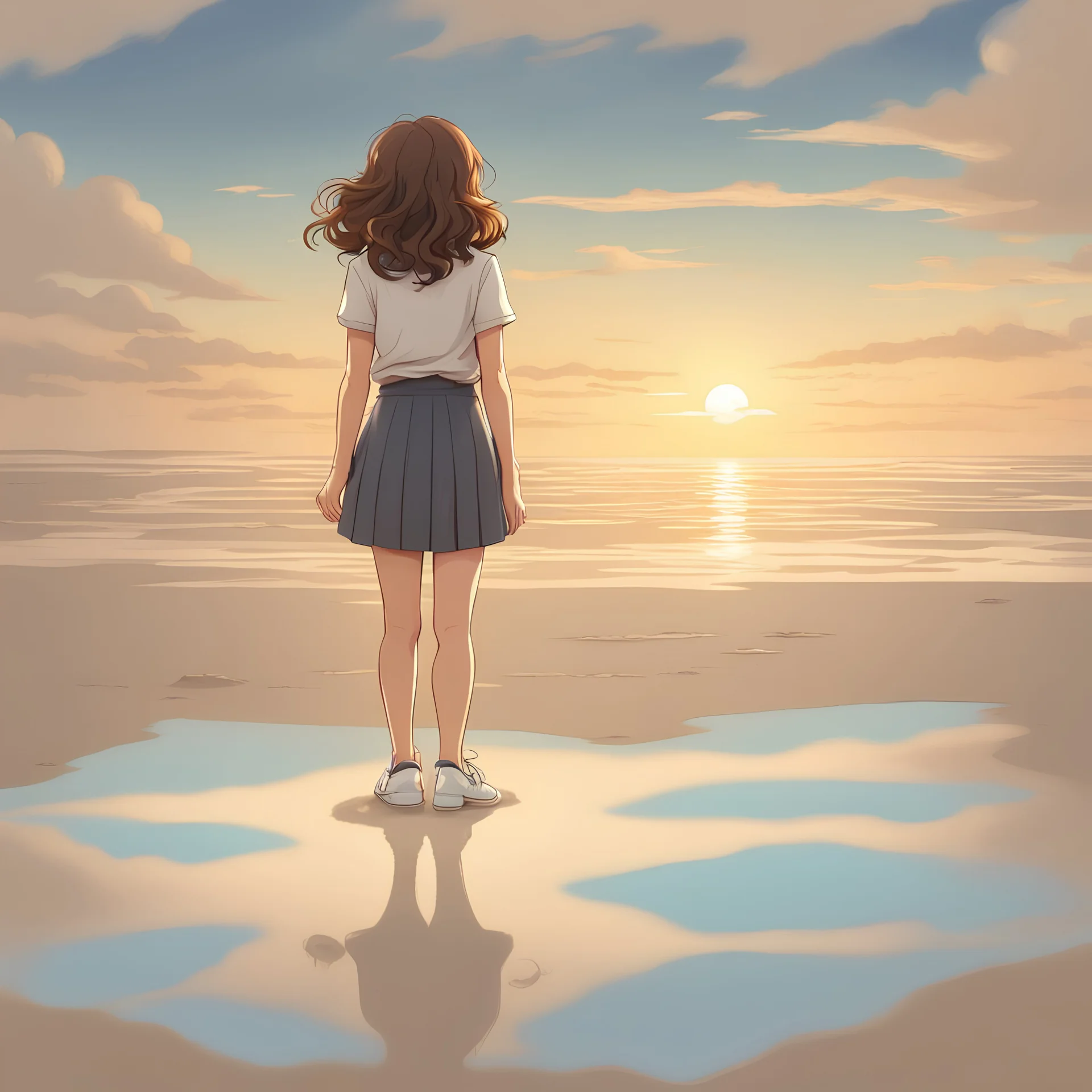 1girl, solo, skirt, brown hair, shirt, standing, short sleeves, outdoors, sky, cloud, water, from behind, shadow, ocean, beach, arms behind back, white footwear, cloudy sky, curly hair, sunset, sand, horizon, footprints, Contemplate a cloud in the sky that contains the text Noor