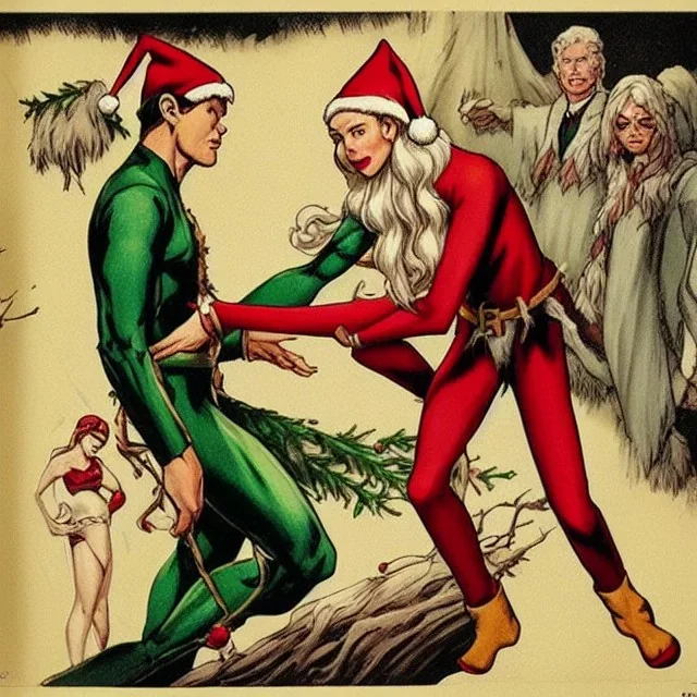 two elves. woman and man. Christmas scene. poster. marvel comic. low-key