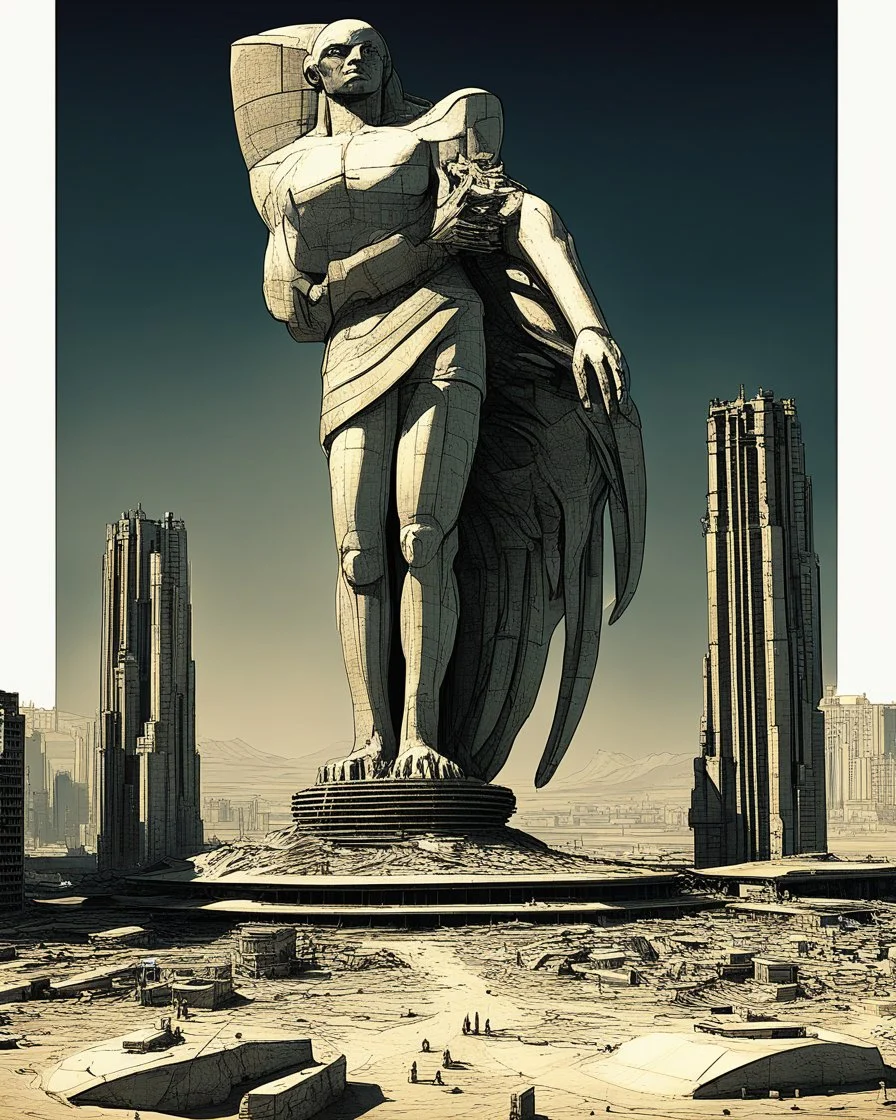 view of a futuristic the permanent in a post atomic catastrophic way, with lots of buildings in ruins, but still with the the status of phoenix" statue in Egypt intact
