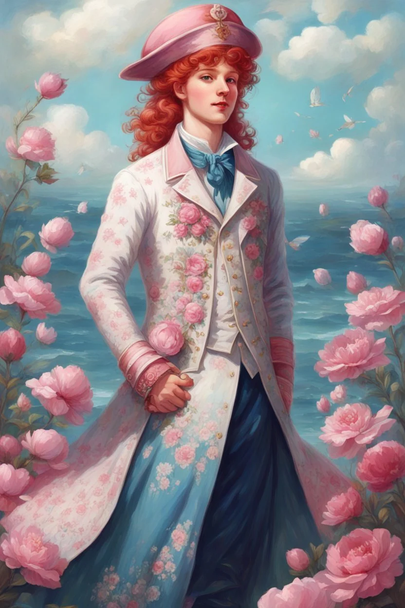 kind sailor, man, red slightly curly hair, long jacket, pink-azure clothes, pink-azure cocked hat, white floral pattern on the jacket, a flower in the hair runs to the princess to protect her