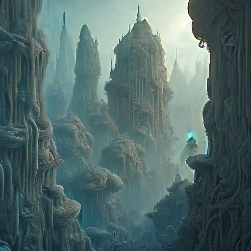 detailed creepy landscape made of cake-frosting, figure, city, sun, Amano , Roger Dean, strong texture, Ernst Haekel, extreme detail, intricate, colours, Max Ernst, Sam Raimi, rich moody colors, sparkles, blue eyes, octane render, 55mm photography