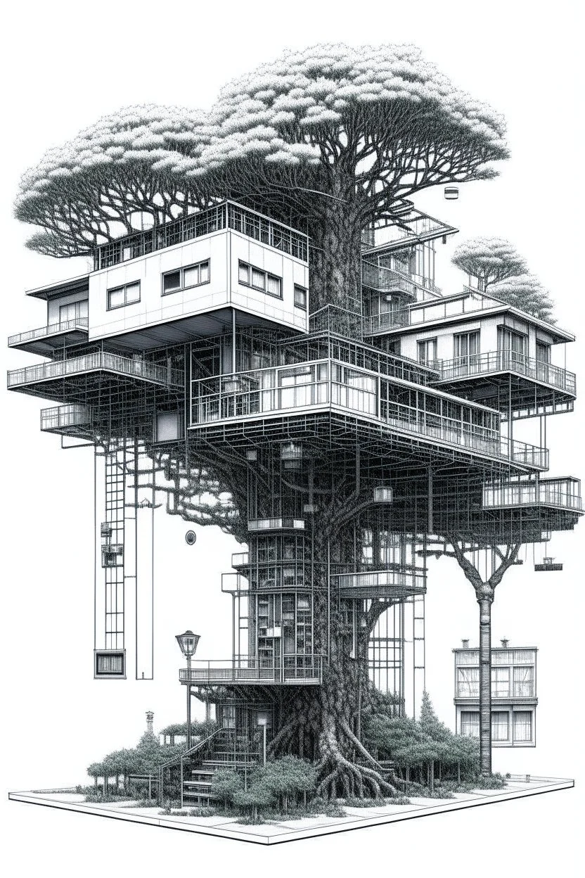 Dibujo arquitectónico de una casa del árbol cyberpunk, hiperdetallada, calidad ultra, increíble obra de arte