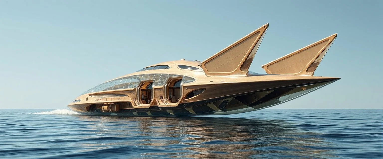 benign transparent superwood alien mega scifi katamaran boat with superwood draw bridge and wing doors