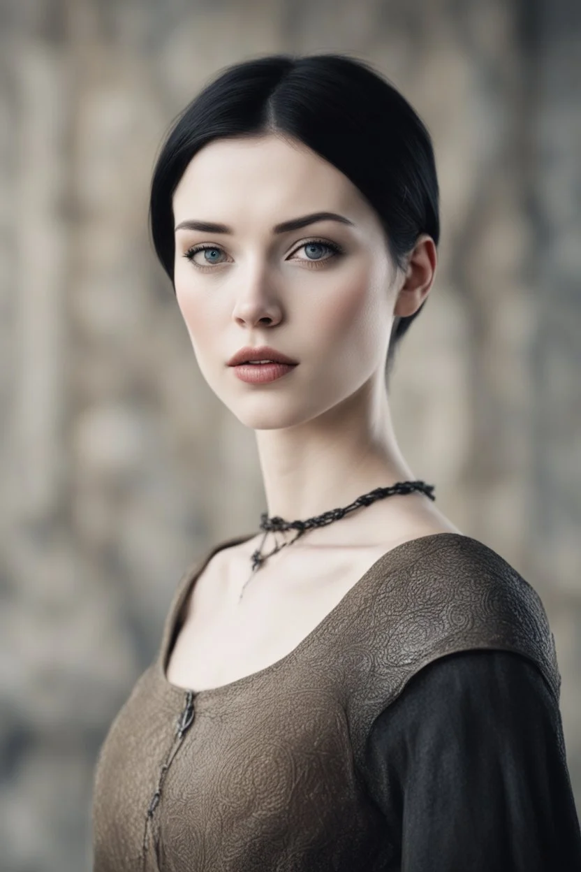 Scandinavian medieval woman with black short hair, pale skin, pretty lips