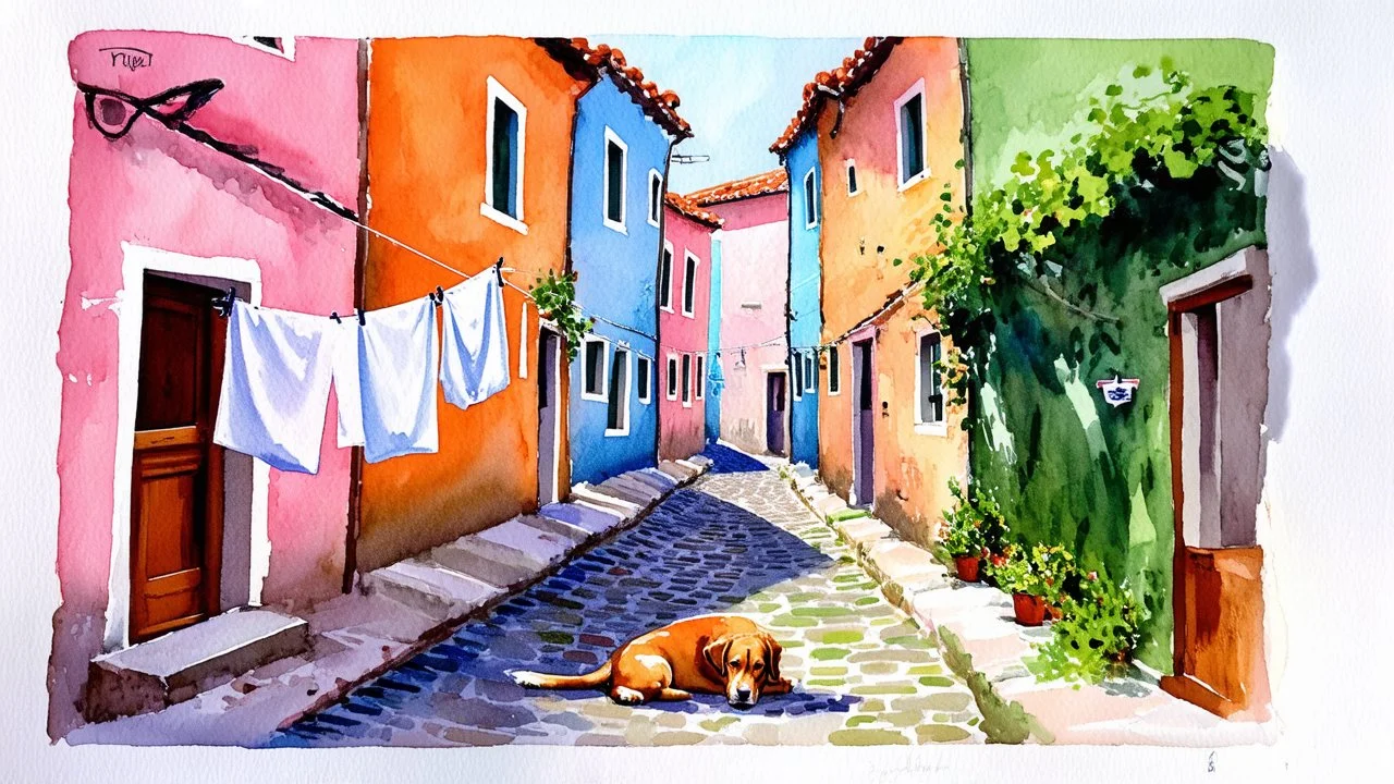 A watercolor painting depicts a narrow alleyway in a European village, possibly Italy, with brightly colored buildings lining both sides. Laundry hangs on a clothesline strung across the alley, adding a touch of domesticity to the scene. The buildings are painted in vibrant hues of pink, orange, blue, and green, with terracotta roofs. The cobblestone ground is rendered with loose brushstrokes, giving a sense of texture and depth. A small dog sleeps peacefully in the foreground, adding a charming