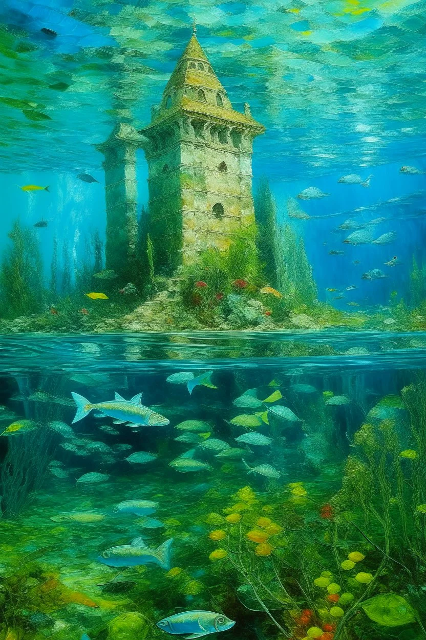 An underwater castle filled with fish painted by Claude Monet