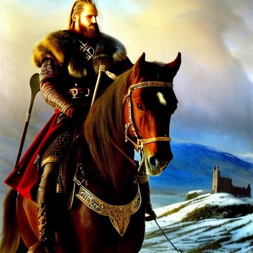 portrait of 'The Northman-Viking King on horse',ancient metal armor,castle,army, snow, cold, painting by gaston bussiere, greg rutkowski, yoji shinkawa, yoshitaka amano, tsutomu nihei, donato giancola, tim hildebrandt, evan lee,oil on canvas, cinematic composition, extreme detail,fit full head inside picture,16k