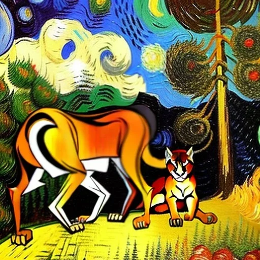 Dibujo al oleo de un puma con su cría en el bosque con nubes estilo Vincent van Gogh