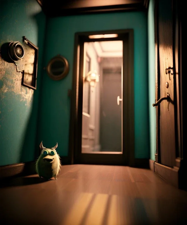 Wes Anderson photographer, night, monster peeking behind the ajar door, Ultra realistic, punk style, wide angle view, soft color, highly detailed, unreal engine 5, ray tracing, RTX, lumen lighting, ultra detail, volumetric lighting, 3d, finely drawn, high definition.