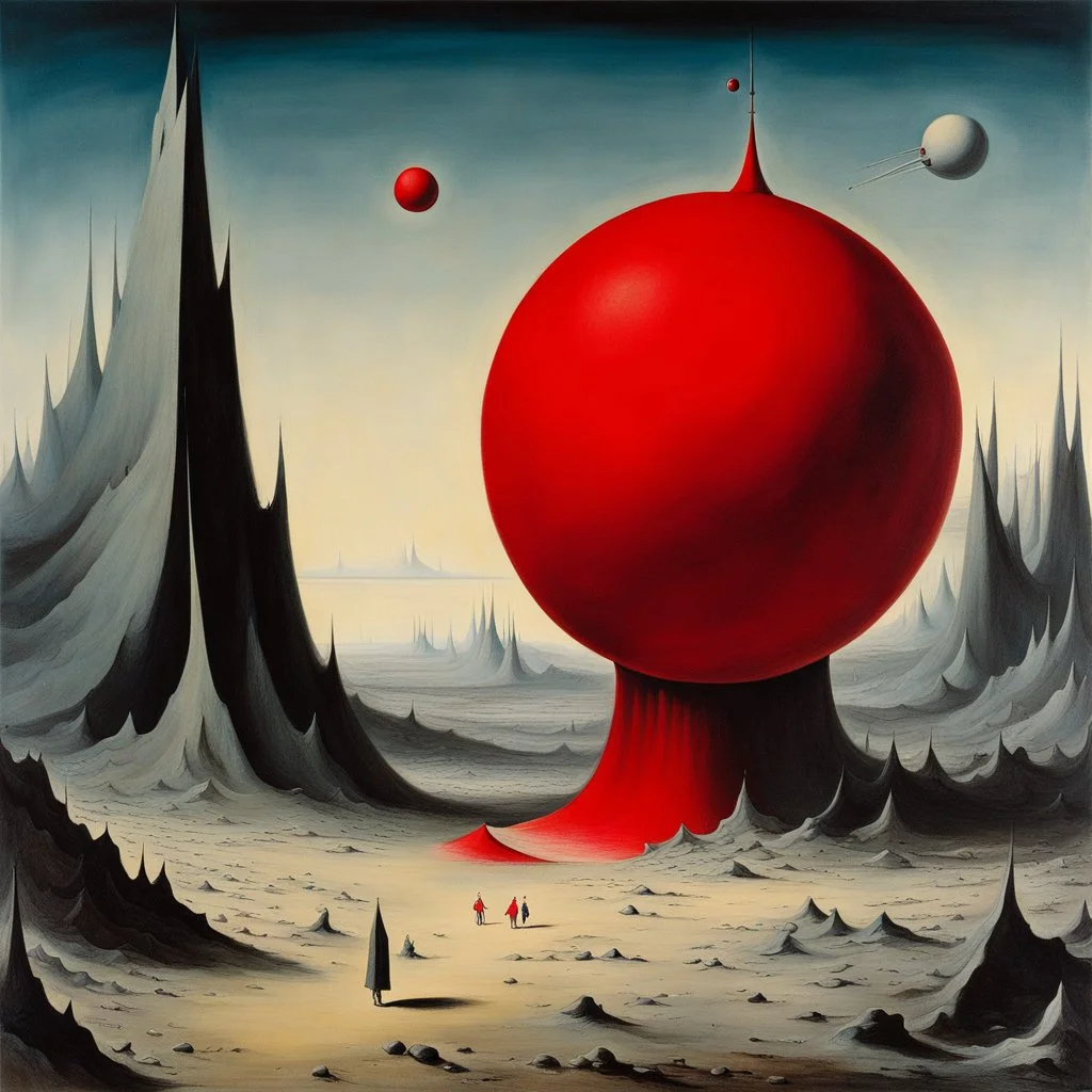 Odd open space, metaphysical, giant red object, very detailed, person, Yves Tanguy