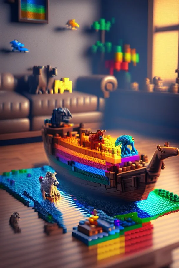 LEGO Noah's ark with animals, rainbow, on a carved table in a living room pixel art Unreal Engine digital painting highly detailed crisp quality award winning 4k colourful intricate very attractive beautiful imperial colors dynamic lighting sharp focus fantastic view