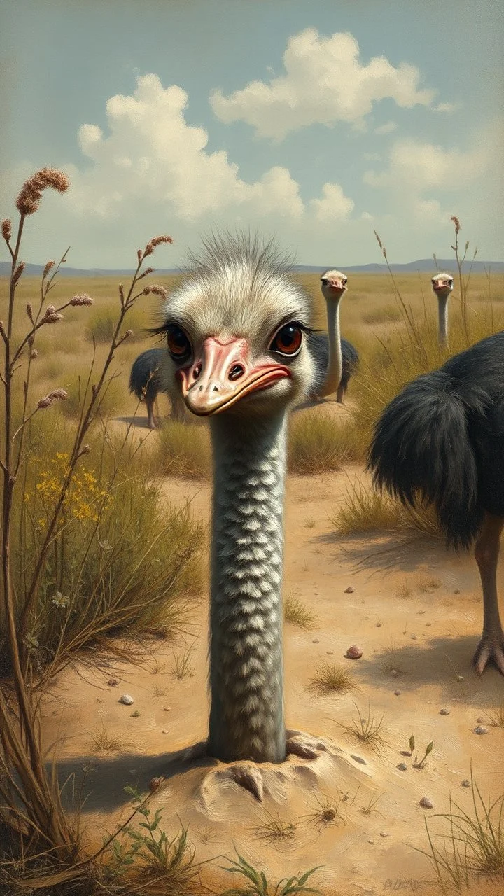 An Ostriches her head in the sand in a forgotten battlefield overrun by vegetation, cutesy tiktok detailed oil painting, grainy, old style