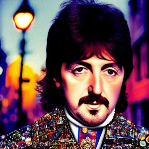 portrait of Paul McCartny from beatles fully covered in clothes made out of jewels, detailed face, magazine, background is penny lane street, art by David LaChapelle, low light, moonlight, highly detailed, 8k, close